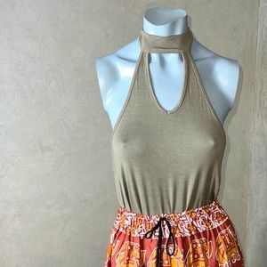 Sage green backless halter top with adjustable neck tie; “Don’t Ask Why”; XS/ SM